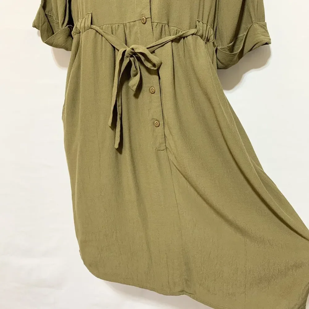 ASOS Womens Dress Olive Green Short Sleeve Tie Waist Button Front Size 8 - Picture 6 of 12